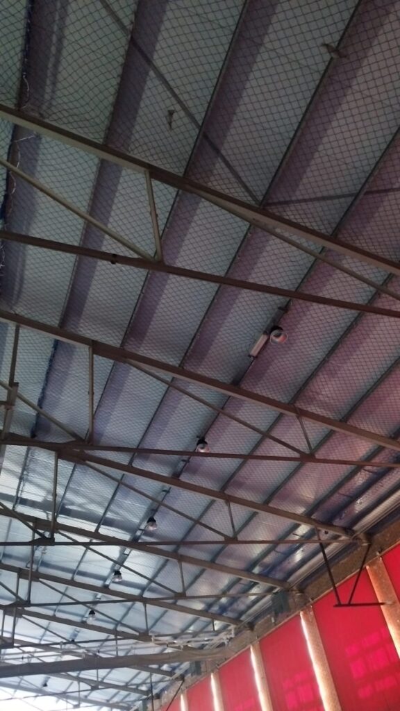 Interior del polideportivo del IES San Fernando con las placas de fibrocemento con amianto y red de seguridad bajo la cubierta